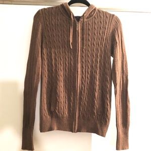 BROWN CABLE KNIT ZIP UP HOODED CARDIGAN, MEDIUM